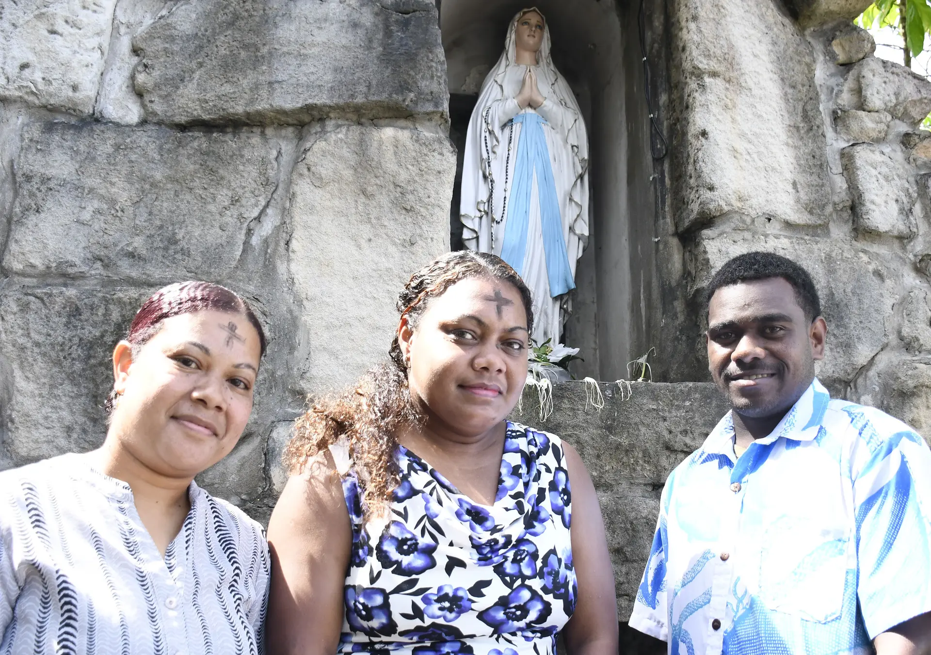 Salome Maria, Maria Cakau, and Paulo Tuibau after Ash Wednesday Mass at Sacred Heart Cathedral on February 18, 2026.