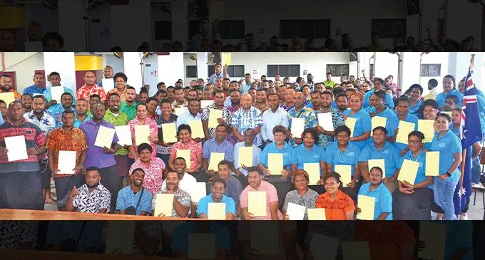 Ministry of Employment, Productivity and Industrial Relations Permanent Secretary, Osea Cawaru, (centre blue and white bula shirt) while farewelling 165 Fijians who would leave the country next month for Australia to work under the Pacific Labour Mobility Scheme. Photo: Inoke Rabonu