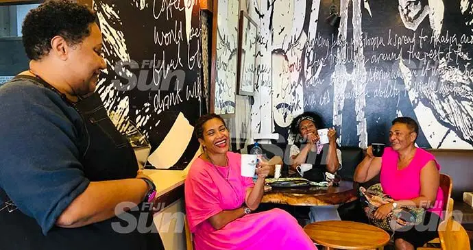 From left: Vuli Savou after serving her loyal customers, Opposition Whip Lynda Tabuya with her friends Mere Nanuku and Selita Koroi at the Gloria Jeans, Damodar outlet on October 6, 2021 . Photo: Selita Rabuku