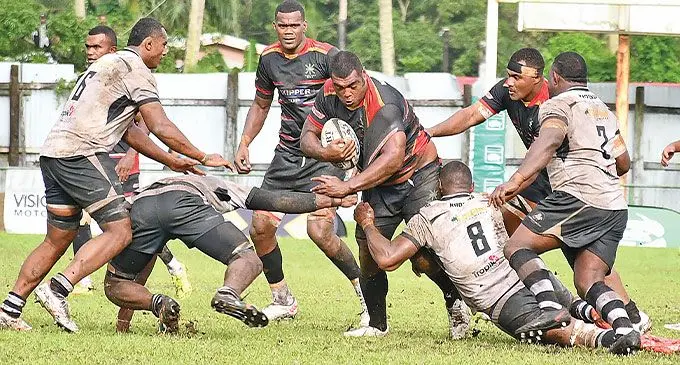 Naitasiri No.8 Maciu Vakacabeqoli (with the ball) on the run as he is tackled by his Nadroga counterpart Manueli Ratuniyarawa at Ratu Cakobau Park, Nausori, on June 1, 2024. Photo: Ronald Kumar