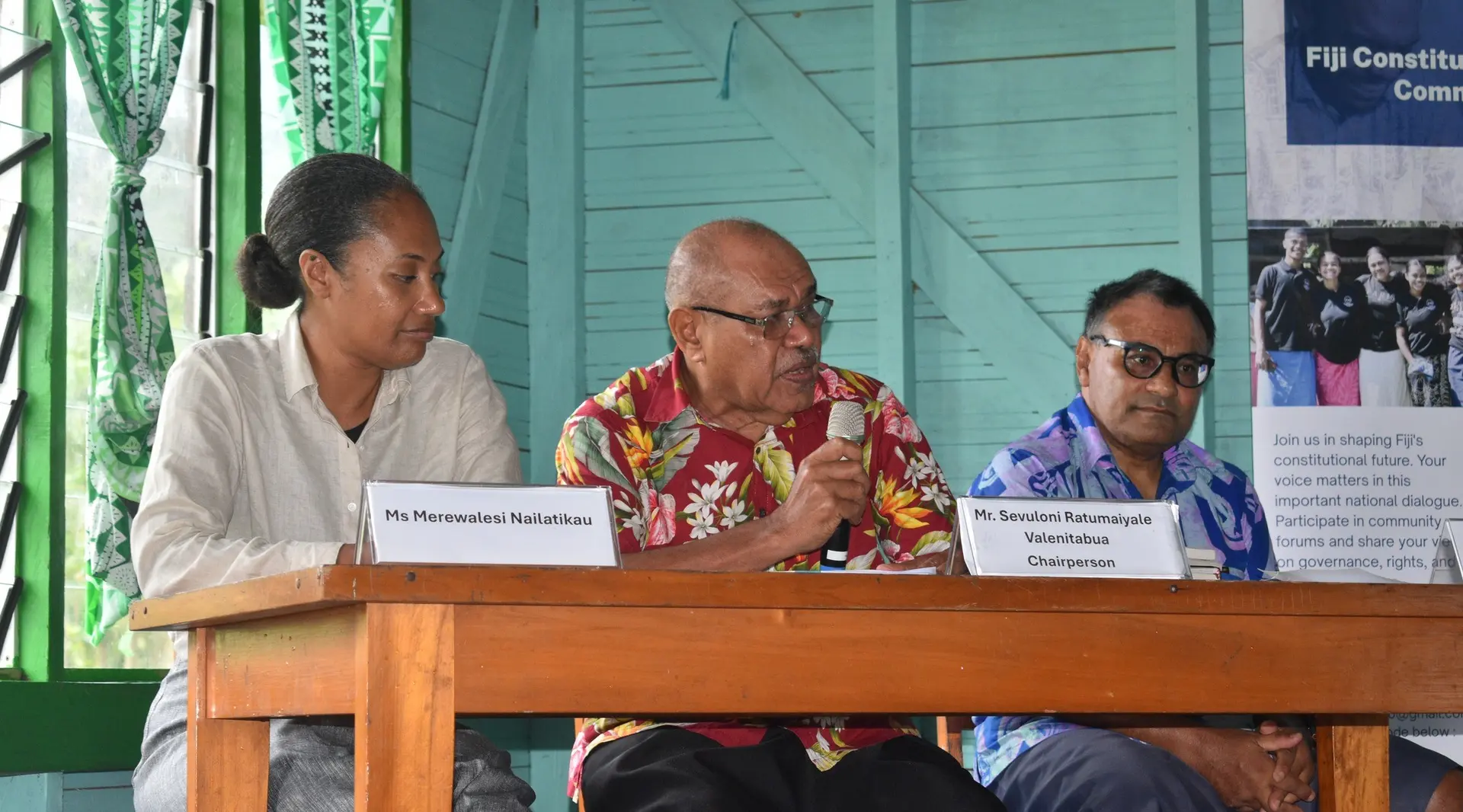 Constitutional Review Commission members (from left) Merewalesi Nailatikau, chair Sevuloni Valenitabua and Conway Begg during consultations in Fulaga on May 6, 2026.