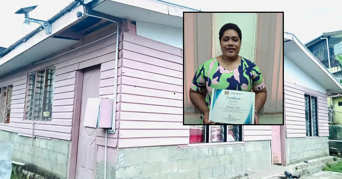 Mereani Leba receiving  her certificate on business training at the Ministry of Youth and Sports Conference Room in Lautoka with her house.