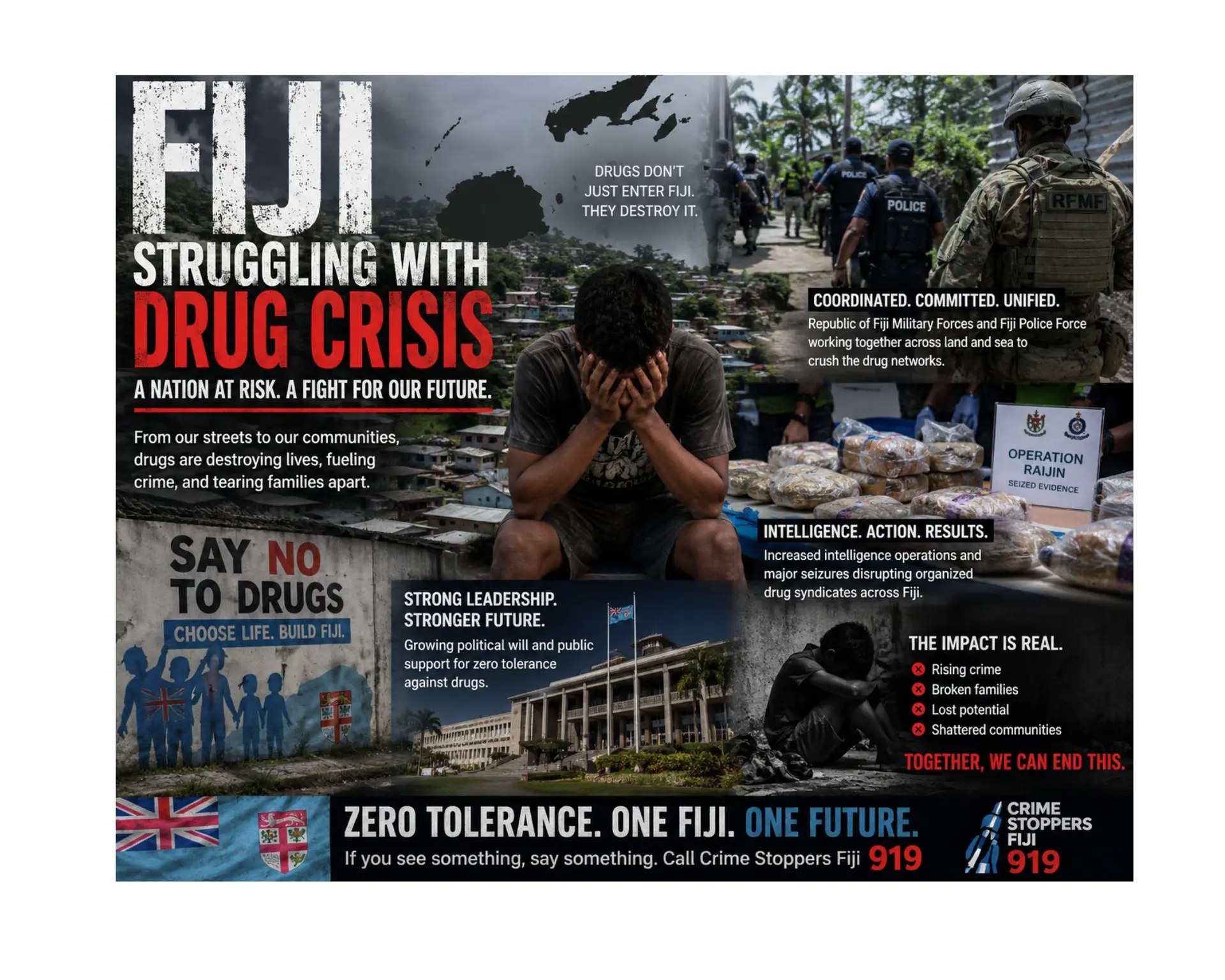 This is an AI generated image of information that Fiji is entering one of the most aggressive anti-drug campaigns in its modern history.