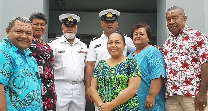 From left, Taraiyasi Vuetanasau (Uncle), Viniana Vuetanasau (Aunt), Warrant Officer Class One Sitiveni Jitoko (Fijian Navy Master at Arms), Ensign Sitiveni Sokotiviti, Salote Tuinasau (Mother) and Solomone Tuinasau (Step father). At Front is Taina Tokalauvere (Sister). This is after the commissioning ceremony at the Stanley Brown Navy Base, Walu Bay. Photo: Shreeya Verma