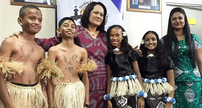 From left: Alfred Taylor, Pranav Kumar, Minister for Education Rosy Akbar, Litiana Muavesi, Rayna Chetty, and Bridge Children Fiji (BCF) Club president Shabneez Shazmine after the presentation  at the Ministry of Education office in Suva on July 11, 2019. Photo: Selita Bolanavanua