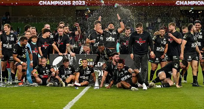 Photo caption: Toulon players with Fijian duo Jiuta Wainiqolo (front, fourth from left) and Waisea Nayacalecu (front, right) at Aviva Stadium in Dublin, Ireland, on May 19, 2023. Photo: Planet Rugby