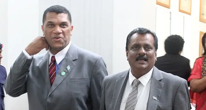 Minister for Youth and Employment Parveen Bala, right, with Opposition SODELPA MP Aseri Radrodro outside the Parliament chambers on June 17, 2019.  Photo: Simione Haravanua 
