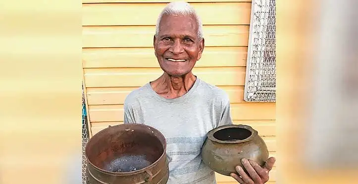 Subramani Reddy showing his parents only remaining artefacts that he now uses in his kitchen at Lajonia, Labasa on May 10, 2023. Photo: Shratika Naidu