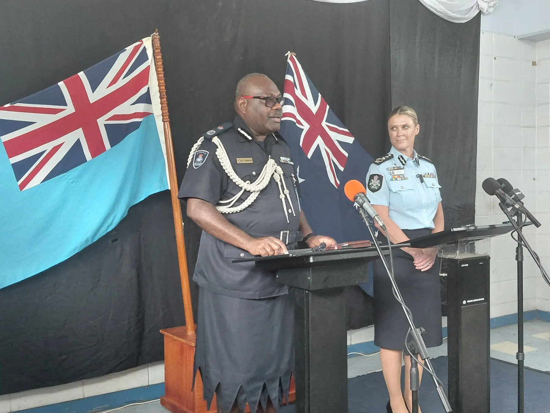 From left: Fiji Police Force Commissioner Rusiate Tudravu with his counterpart, Australian Federal Police Commissioner Krissy Barrett during a joint press conference at the Fiji Police Academy in Nasese on December 10, 2025.