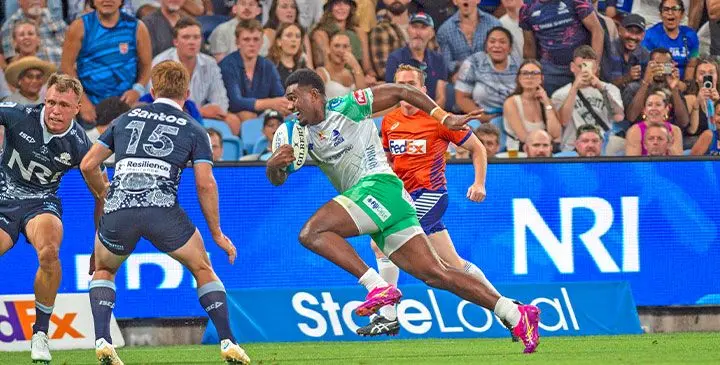Swire Shipping Fijian Drua winger Vuate Karawalevu on his way to score a try against NSW Waratahs during their Super Rugby Pacific round three clash at Allianz Stadium, Sydney, Australia on February 28, 2025. Photo: Leon Lord