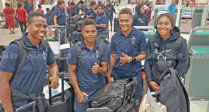 Some of the Rooster Chicken Fijiana XVs rugby players to the Women’s Rugby World Cup (from left) Raijieli Daveua, Ilisapeci Delaiwau, Aloesi Nakoci and Raijeli Laqeretabua, at the Nadi International Airport on September 25, 2022. Photo: Nicolette Chambers
