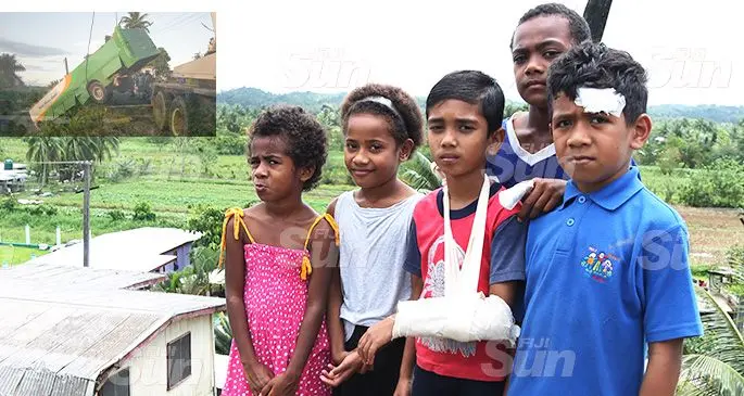 Survivors of the school bus accident at Lakena, Nausori, (from left) Esther Tuimata, Usenia Kini, Swaif Chiraag, Finau Bulivou and Cajetan Vuniwau. Photo: Kelera Sovasiga. Insert: Lakena Hill  bus crash. 
