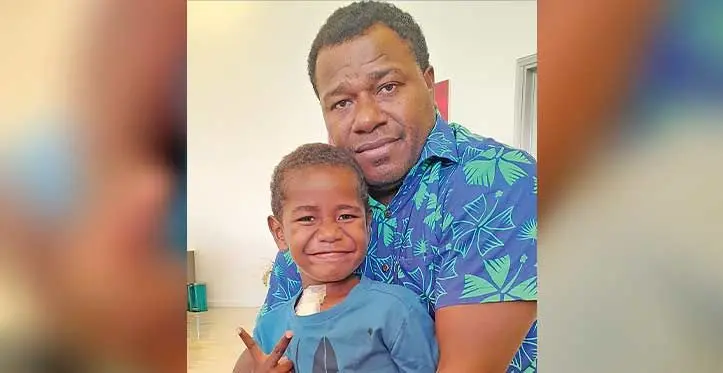 Leone Seveci with his son Tevita Bainicagi at the Sri Sathya Sai Sanjeevani Children’s Hospital in Nasese on July 8, 2023. Photo: Wati Talebula-Nuku