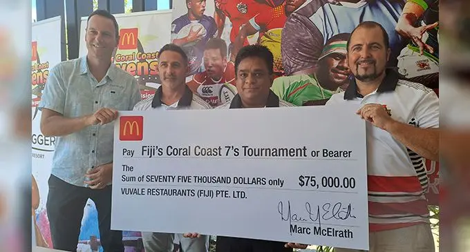 From left: Tourism Fiji chief executive officer Brent Hill, Fiji Airways Fijian men’s 7s coach Ben Gollings, Nalin Goonesekera of McDonald’s Fiji and Jay Whyte in Nadi on October 27, 2022. Photo: Waisea Nasokia