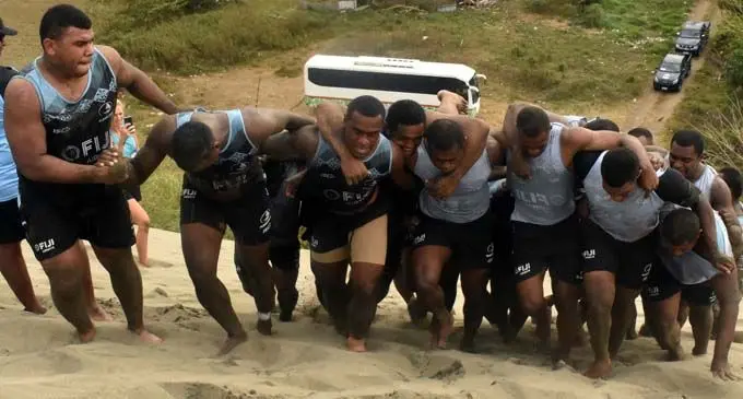 Fiji Airways Drua squad train at the sand dunes in Sigatoka on August 18,2018. Photo: Waisea Nasokia