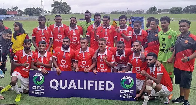 The jubilant Rewa football players and officials after the 3-2 win over Lautoka at Churchill Park on February 11, 2024. Rewa qualifies for the OFC Champions League. Photo: Waisea Nasokia