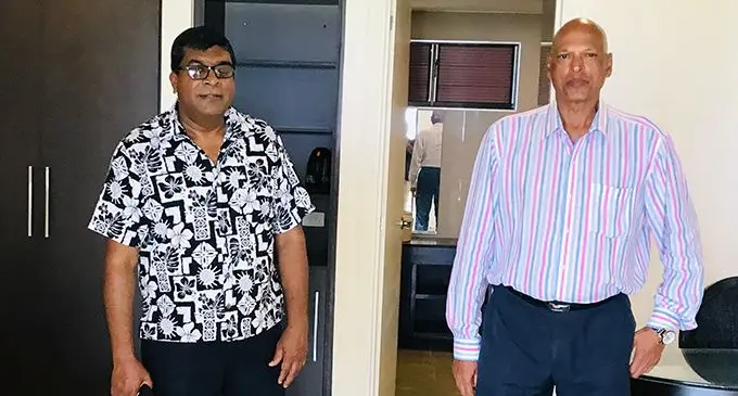 Minister for Agriculture, Waterways and Environment Mahendra Reddy with Nila Beach Resort owner Mohan Chinnusamy at Nila Beach Resort, Vuda, Lautoka on April 22, 2020. Photo: Charles Chambers