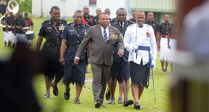Acting Prime Minister and Minister for Defence and National Security Inia Seruiratu (front, middle) inspecting the 205 recruits during the Police passing-out parade at the Nasova ground in Suva on October 18, 2019.  Photo: Ronald Kumar