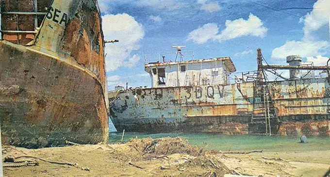 The two derelict ships beached near Culanuku Village, Serua