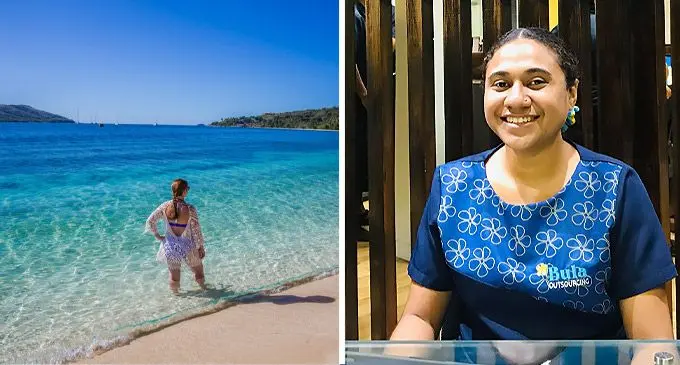 A tourist on one of the beautiful beaches in the yasawa islands and Ani Vateitei is the smiling face that greets you at Bula Outsourcing office, in Ganilau House, Suva.