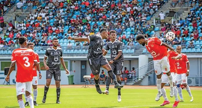 Ba’s Manasa Nawakula (left)  attempts a goal against Rewa’s Setereki Hughes  during  their Digicel Premier League  match at the ANZ Stadium on February 13 2022. Photo- Leon Lord