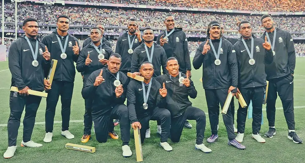 Fiji sevens men’s team with their Silver medals at the 2024 Paris Olympics in France. Photo: Fiji Rugby