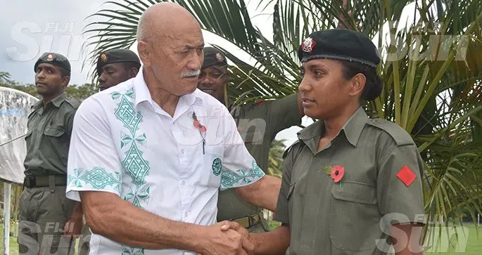 President Major-General (Ret’d) Jioji Konrote while greeting the Republic of Fiji Military Forces soldiers met with Adi Lusiana Baleitaveuni at the Sukanaivalu Victoria Cross (SVC) Barracks in Vaturekuka, Labasa on October 15, 2019. Photo: Selita Bolanavanua.