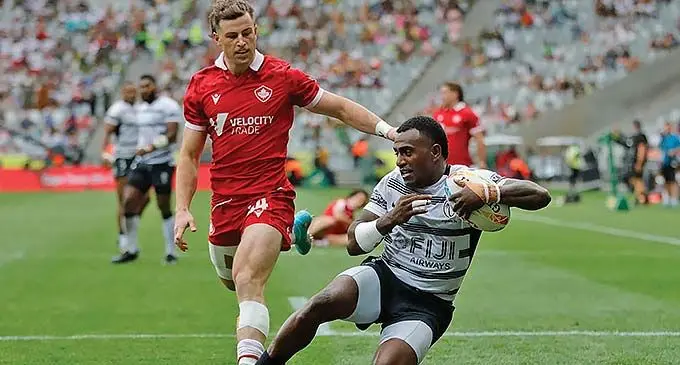 Fiji Airways Fijian ,men’s rugby sevens rover Filipe Sauturaga scores a try against Canada during the Caoe Town Sevens tournament in South Africa on December 11, 2022. Photo: World Rugby.