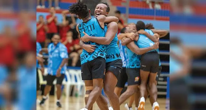 This marks the first time a Fiji men's netball team has toured since the 2004 International Men's Netball Championship in Melbourne, AustralÂ­ia. Captain Kitione Waqavonovono (facing camera) and vice captain Joseva Nawaqa celebrate their vicÂ­tory over Australia last night. Photo: Fiona Chong