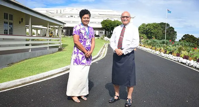 President Major-General (Retired) Jioji  Konrote and Fiji Sun Managing Editor News/Digital Rosi Doviverata at State House on June 22, 2020 .  Photo: Ronald Kumar
