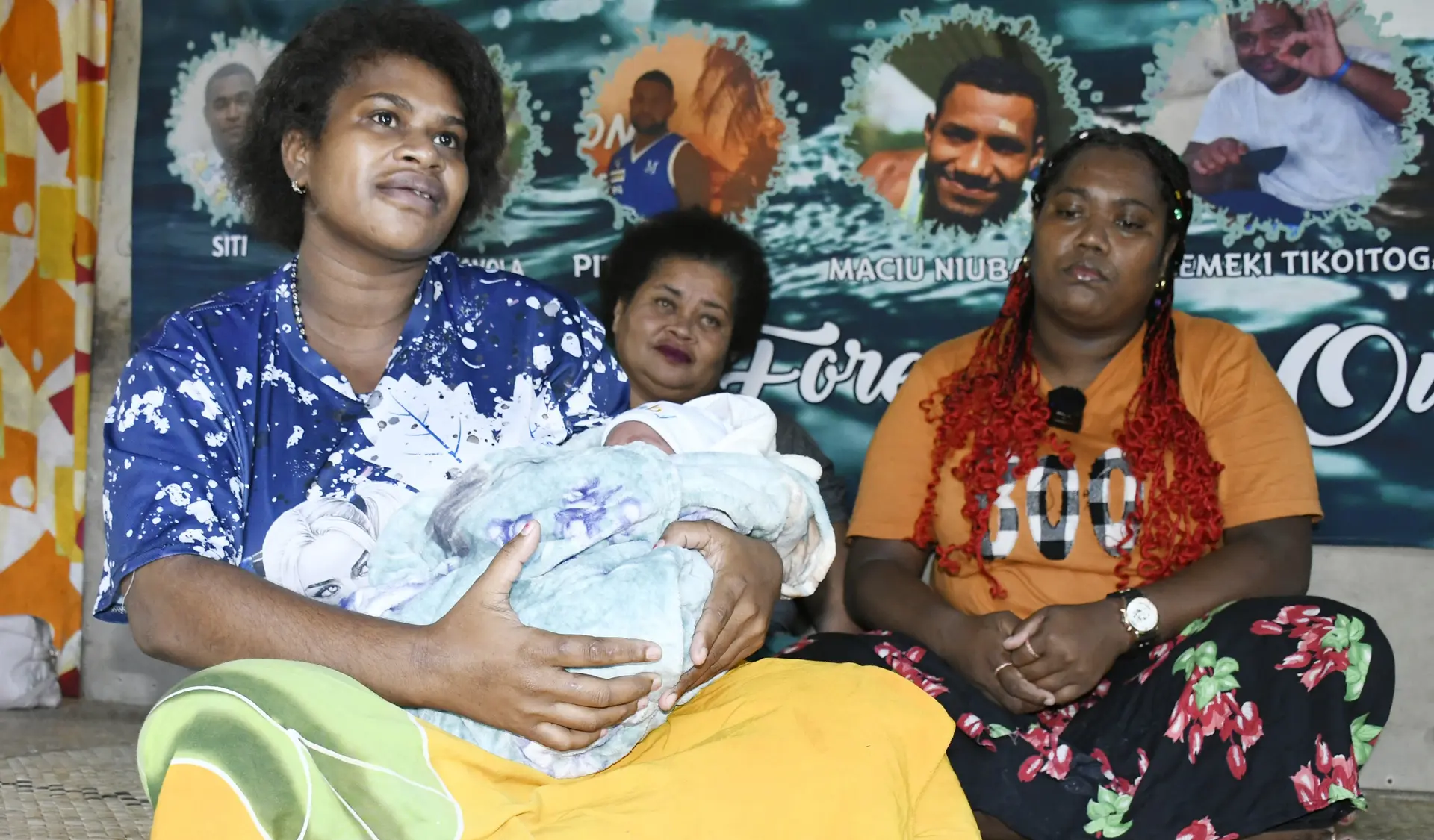 Three of the nine missing fishermen’s widows — Veronika Tabuakacivi with her five-day-old daughter Mareta Vakaroro, Miliakere Divadra, and Timaima Buadromo of Nanuku Settlement, Vatuwaqa on June 18, 2026.