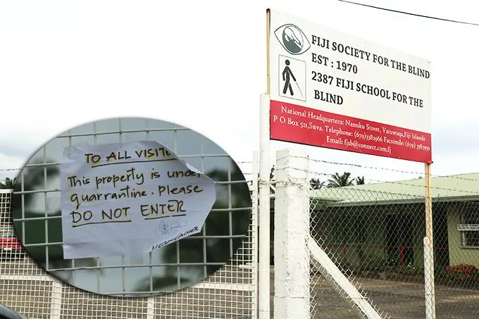 The main gate at the Fiji School for the Blind in Vatuwaqa, Suva, on November 21. 2019 with the quarantine notice pasted on it.  Photo: Kelera Sovasiga