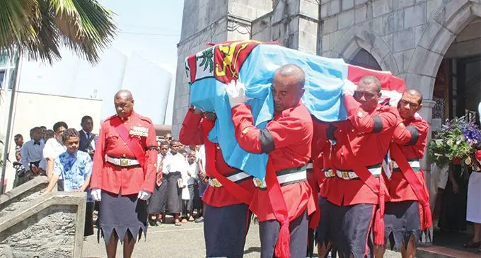 Pallbearers from the Republic of Fiji Military Forces carrying the casket of the late Colonel (Ret’d) Ilaisa Kacisolomone at the Centenary Methodist church in Suva on March 2, 2019. Photo: Simione Haravanua 