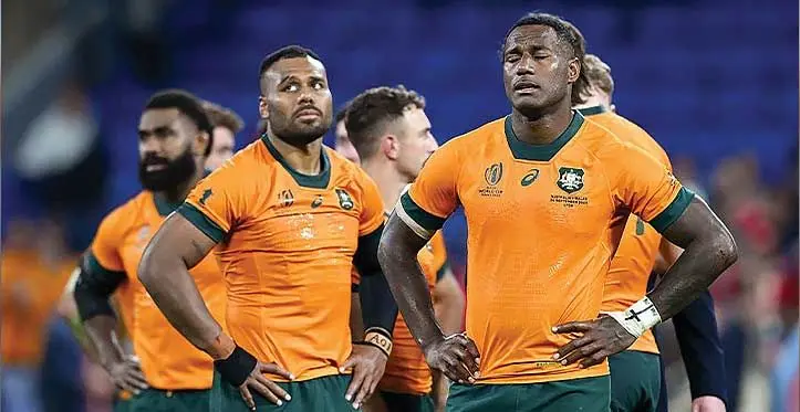 Australia’s Samu Kerevi (left) and Suliasi Vunivalu react after they lost to Wales in their third pool match at the Rugby World Cup in France on September 25, 2023. Photo: Stan Sports