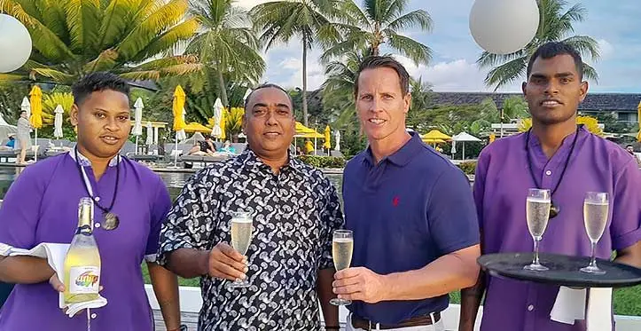 From left: Sofitel Fiji Resort and Spa staff member Jeli Domisi, Victoria Wines general manager Kem Chand, Invivo Group co-owner Tim Lightbourne, and Sofitel Fiji Resort and Spa staff member Seta Tuicuvu during the launch at the Waitui Beach Club. Photo: Waisea Nasokia