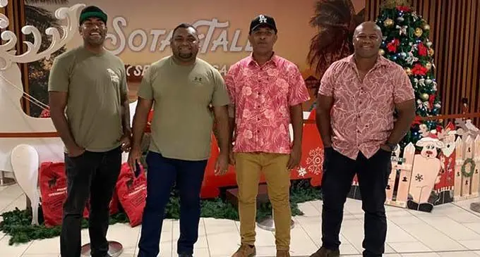 Eastern Saints rugby club coaches at Nadi International Airport on December 3, 2022. From left: Mesake Nanovu, Filimone Verebalavu, Vueti Tupou and club founder and head coach Seremaia Bai. Photo: Eastern Saints Rugby Club