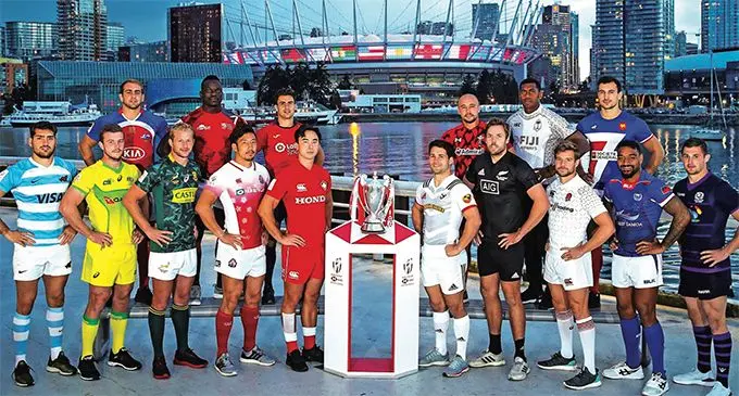 Fiji Airways Fijian 7s team captain Kalione Nasoko (back- fifth from left) during the Canada Sevens captains’ photo shoot in Vancouver, Canada, on March 8, 2019. The photo shoot took place at the Falls Creek Seawall which overlooks the BC Place Stadium. Tomorrow Fiji play Kenya at the stadium at 6.36am (Fiji time), then Canada at 10.08am and Samoa at 2.02pm. Photo: Canada Sevens