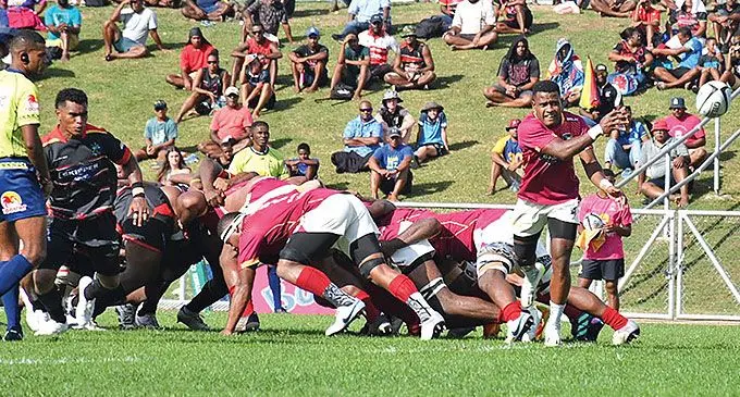 Fiji Pine Lautoka halfback Samisoni Ravudi sends out a pass against Naitasiri at Churchill Park, Lautoka, on May 25, 2024. Photo: Waisea Nasokia