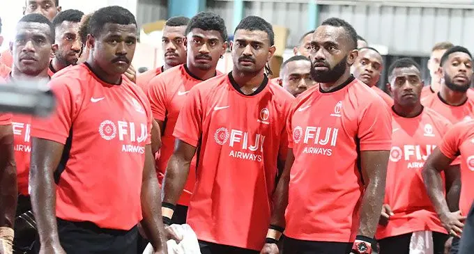 From left, front: Ilikimi Torosi, Solomoni Rauqe, Viliame Naikausa and Lasaro Bogisa with members of the Fiji 7s extended squad during their gym session on October 29, 2024. Photo: Ronald Kumar