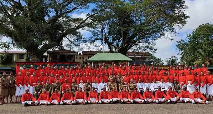 The 116 RFMF recruits with senior military officers at the Force Training Ground in Nasinu on July 15, 2022. Photo: Wati Talebula-Nuku