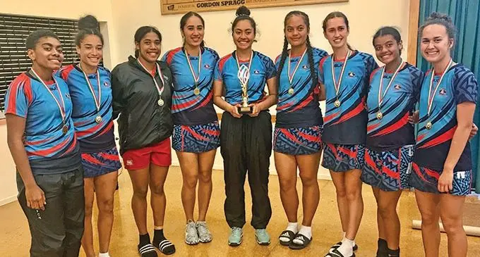 From left:  Ruth Raketekete, Teuila Sotutu, Elenoa Gukirewa, Lee Hava Saverio (Co-Captain), Ofa Vatikani  (co-captain), Soana Manuofetoa, Maya Smith, Serina Daunakamaka, Jasmin Smith. Photo:  Livi Hidech