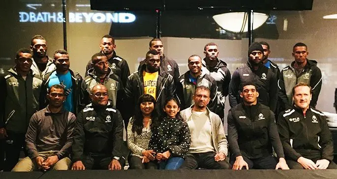 Fiji Honourary Consul in Canada Bobby Naicker (front, fifth from left) with our national 7s players and officials after dinner on March 4, 2020. Photo: Subramani Reddy