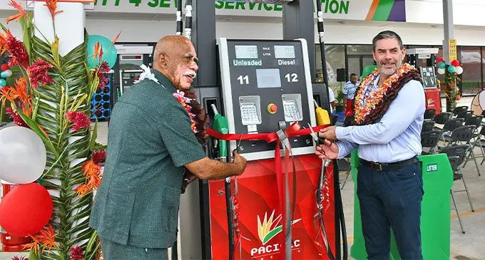 Tui Nadi Ratu Vuniyani Navuniuci and Pacific Energy chief executive Stephane Cadet at the opening of Nadi's third Pacific Energy Service Station on February 21, 2025. Photo: Waisea Nasokia