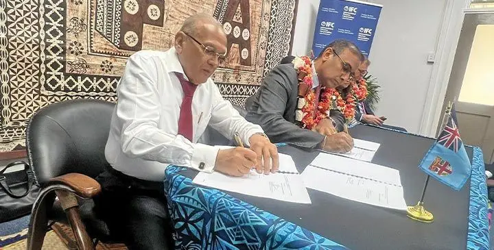 Fiji Airports board chairman Hasmukh Patel (left) and International Finance Corporation's regional industry director for infrastructure and natural resources in Asia and the Pacific Vikram Kumar during signing of collaboration agreement for the rollout of the Nadi International Airport Infrastructure Development under Fiji Airports' Master Plan. Photo: Fiji Airports