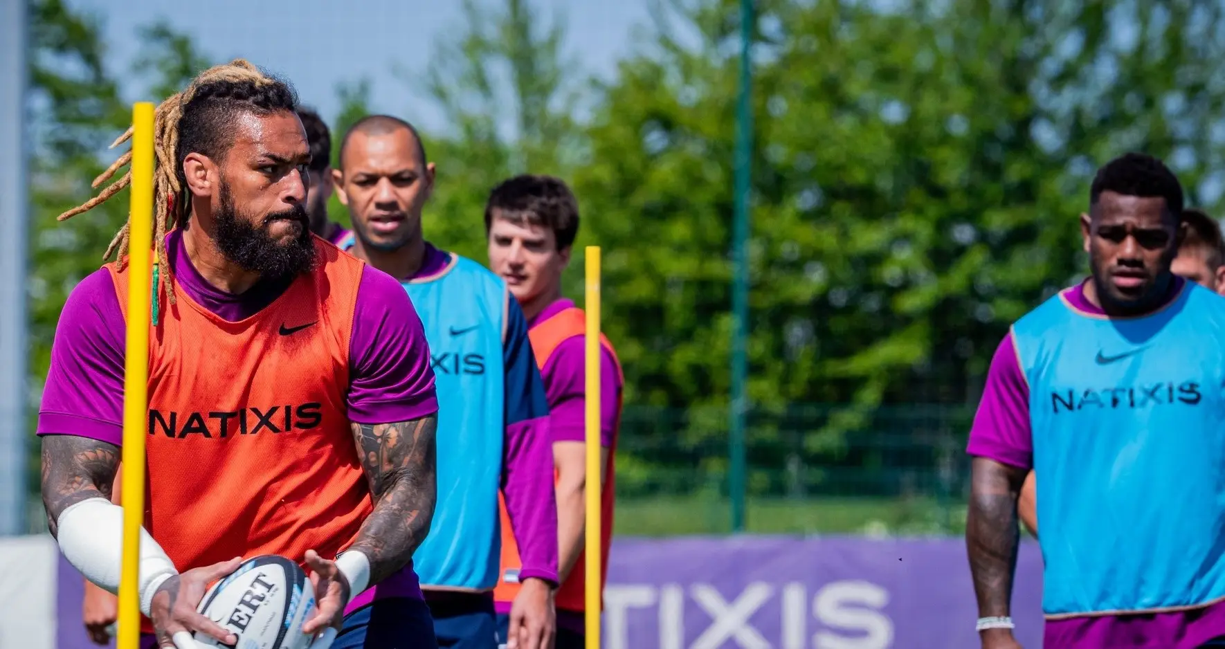 Racing 92 loose forward Nathan Hughes (with ball) and Josua Tuisova during training in France on April 23, 2026. The Lautoka-born Hughes has played 22 test matched for England is now eligble to represent the Flying Fijians. Both players are likely to make the squad for the upcoming Nations Championship. 