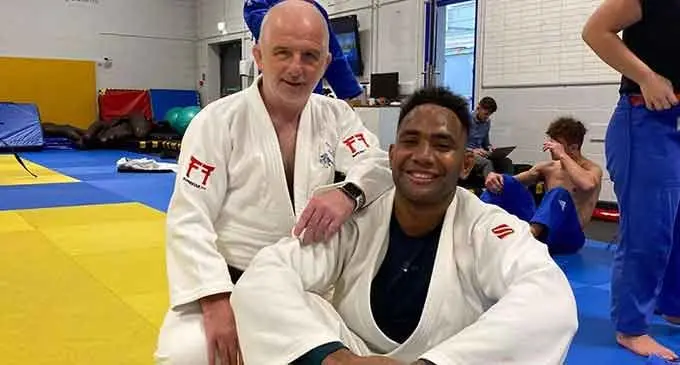 Coach Mike Liptrot (left) with Tevita Takayawa at the GB National Training Centre. Photo: Fiji Judo Association