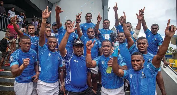 Police Blue players and officials after beating Wadigi Salvo at the ANZ Stadium, Suva, on November 12, 2021 and confirm their spot in the Cup quarterfinals to win the Super Sevens Series title. Photo: Leon Lord