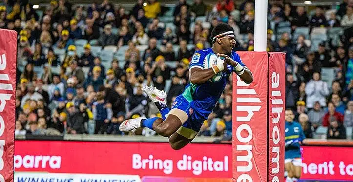 Swire Shipping Fijian Drua second five eight Kalaveti Ravouvou in a spectacular dive to score the last try against the ACT Brumbies at the GIO Stadium in Canberra, Australia, on April 14, 2023. Photo: Leon Lord