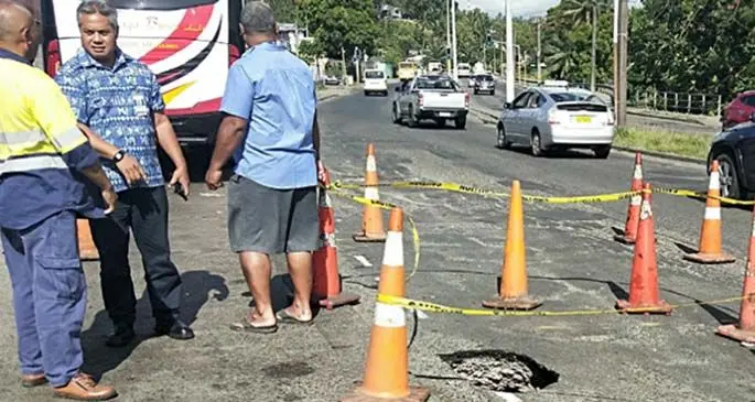 The collapsed sewer tank in Nabua.