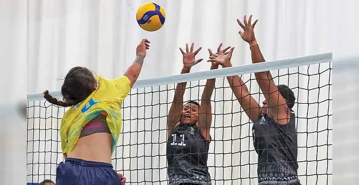 Fiji women’s volleyball side defends against Tuvalu on November 21, 2023. Photo: Sereana Salalo